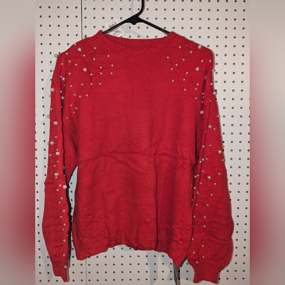 Blooming Jelly Red Sweater with Pearls